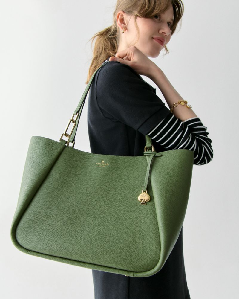 Kate Spade,Kayla Large Tote,Leather,Tote,Logo,Metal,Gold Metal,Casual,Olive