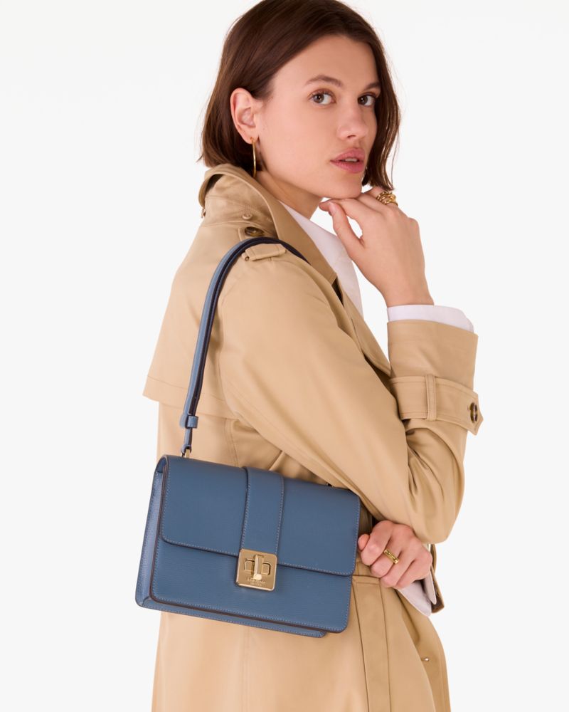 Kate Spade,Phoebe Turnlock Shoulder Bag,Leather,Shoulder Bag,Logo,Adjustable,Casual,Blue