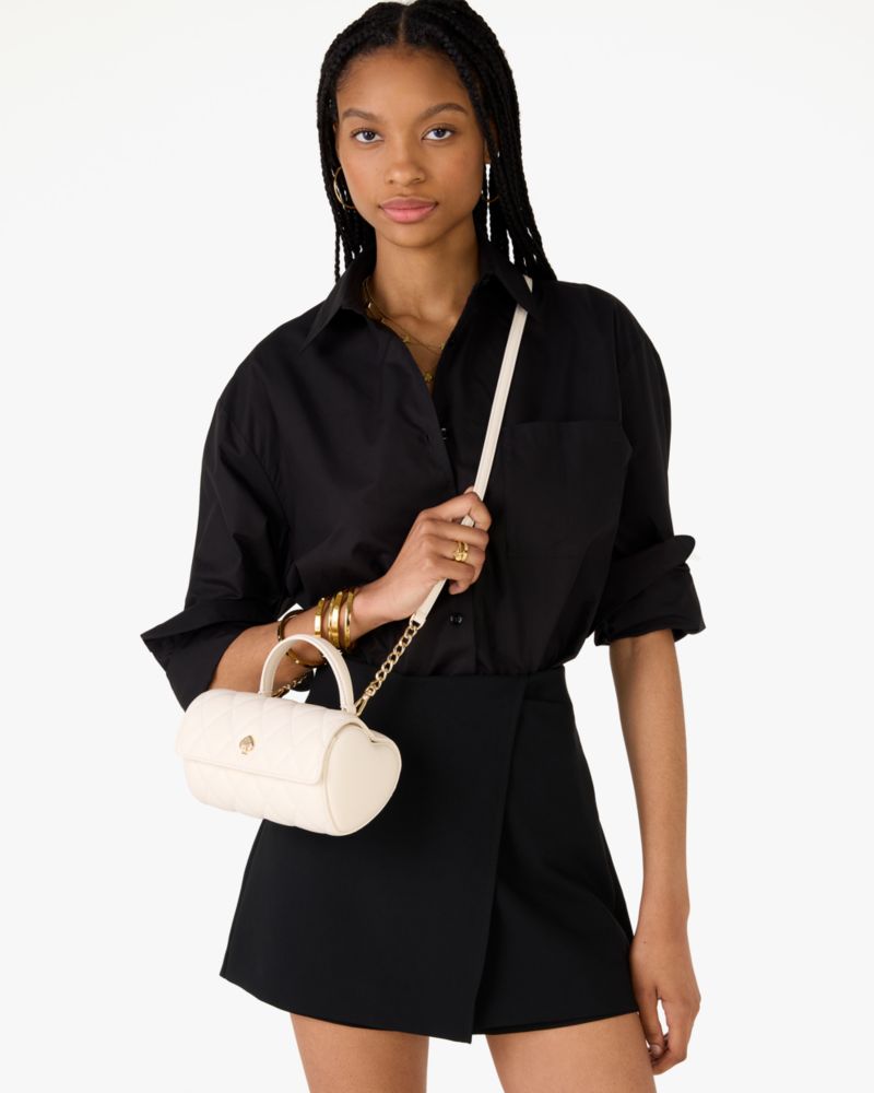 Kate Spade,Heart Barrel Quilted Crossbody,Leather,Crossbody,Metal,Logo,Day Party,Cream