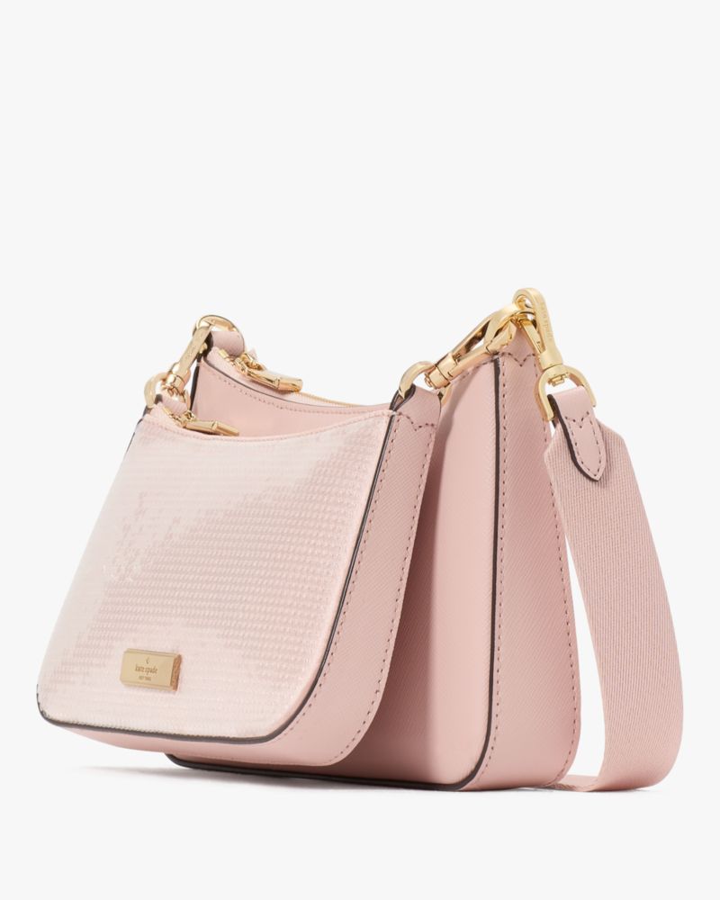 Kate Spade,Duet Satin Sequin Crossbody,Satin,Crossbody,Logo,Metal,Embellished,Sequin,Casual,Pink