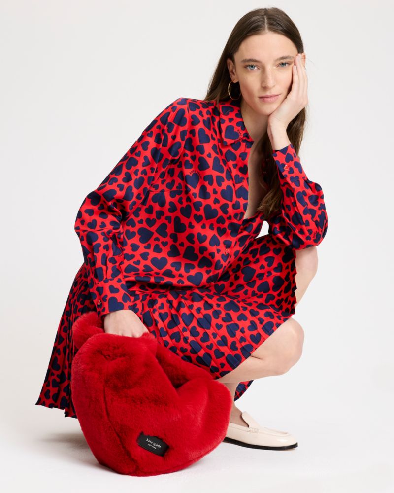 Kate Spade,Sweet Hearts Pleated Dress,Polyester,Shirt Dress,A-Line,Button,Heart Embellishment,Pleats,Day Party,Multi Color