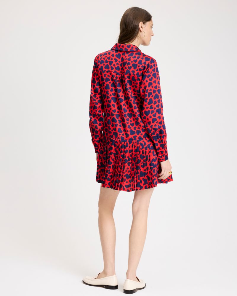 Kate Spade,Sweet Hearts Pleated Dress,Polyester,Shirt Dress,A-Line,Button,Heart Embellishment,Pleats,Day Party,Multi Color