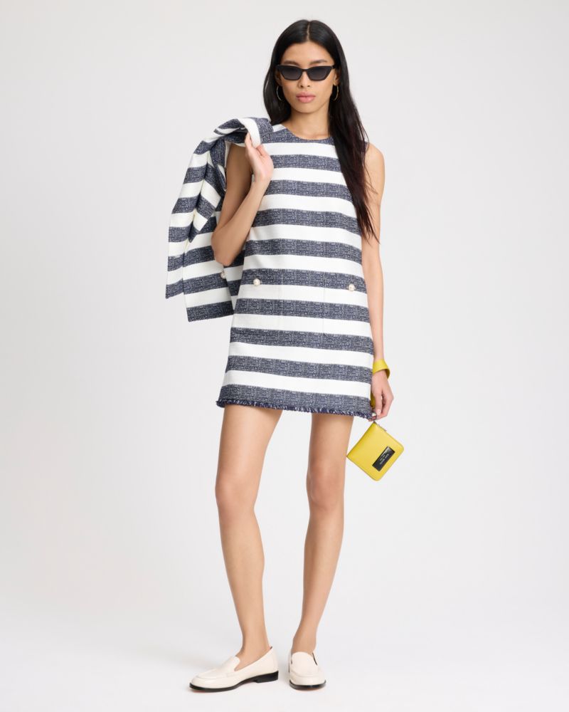 Kate Spade,Sailor Stripe Tweed Shift Dress,Acrylic,Polyester,A-Line,Shift,Pearl,Rhinestones,Frayed,Button,Casual,Day Party,Multi Color