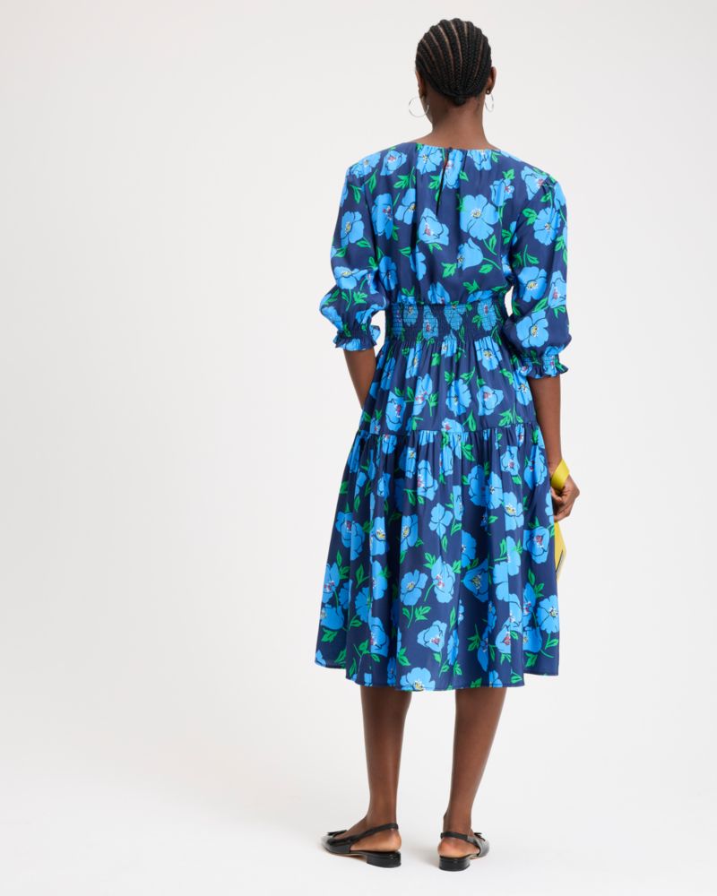 Kate Spade,Springtime Blooms Smocked Dress,Modal,Polyester,A-Line,Ruffles,Shirring,Day Party,Navy