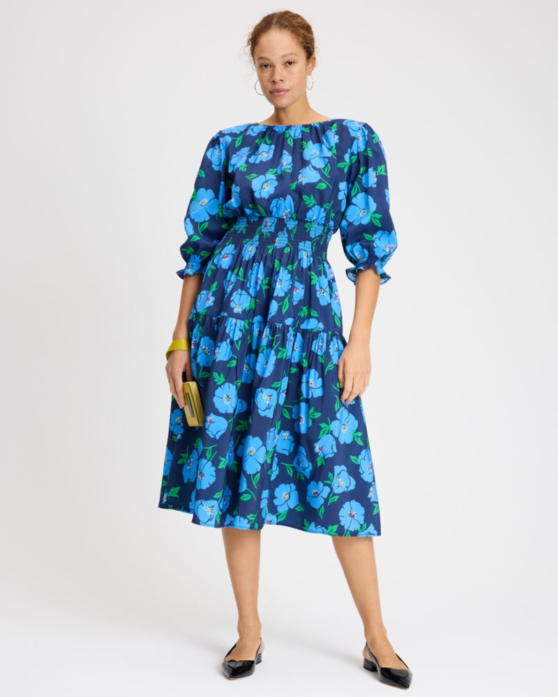 Kate Spade,Springtime Blooms Smocked Dress,Modal,Polyester,A-Line,Ruffles,Shirring,Day Party,Navy