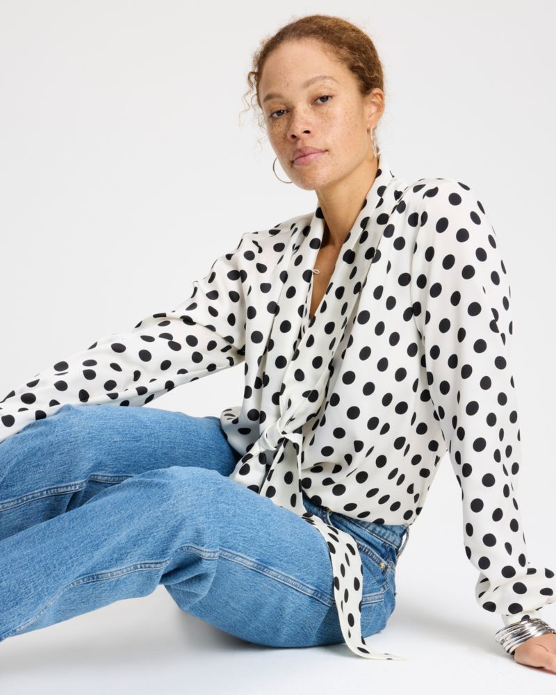 Kate Spade,ブリージー ドット タイネック シャツ,トップス,クリーム/ブラック