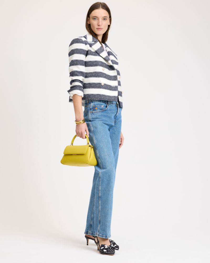 Kate Spade,Sailor Stripe Tweed Moto Jacket,Polyester,Acrylic,Blazer,Button,Pearl,Rhinestones,Casual,Multi Color