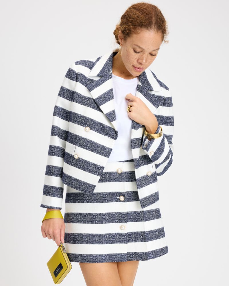 Kate Spade,Sailor Stripe Tweed Moto Jacket,Polyester,Acrylic,Blazer,Button,Pearl,Rhinestones,Casual,Multi Color