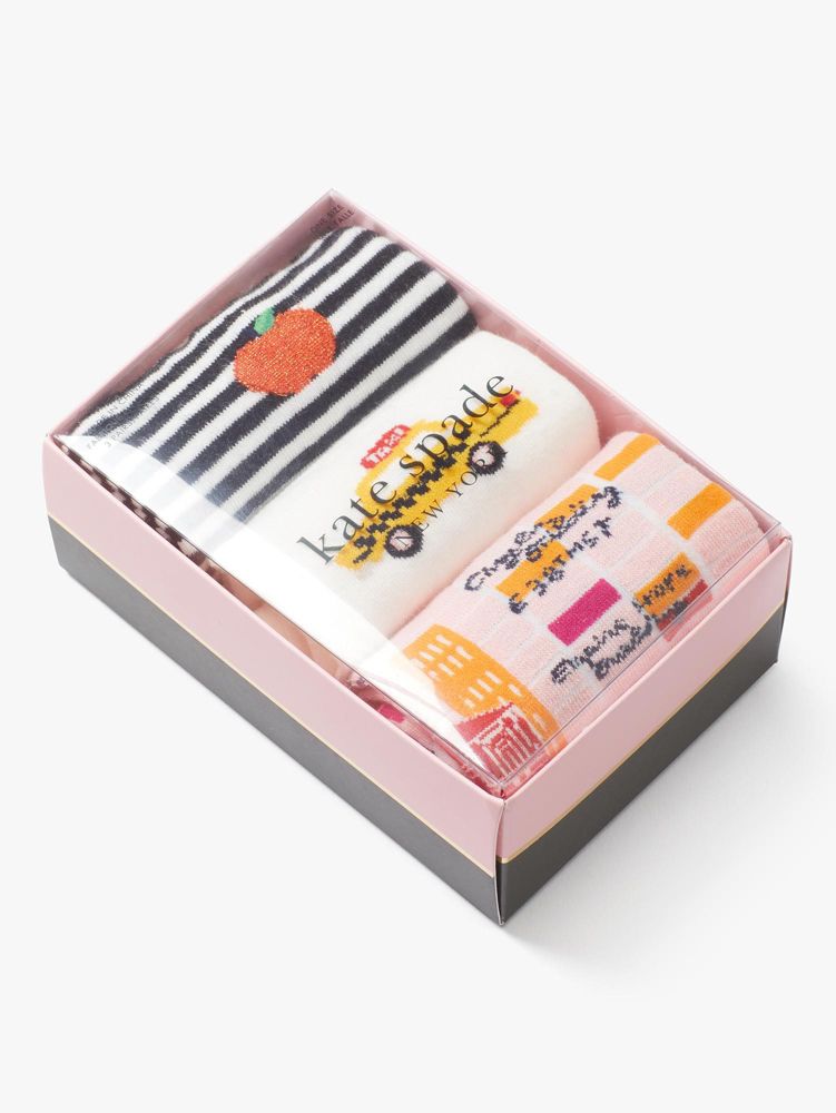 Kate Spade,NYC Icons 3 Pack Boxed Crew Socks,Cotton,Nylon,Spandex,Crew Socks,Graphic,Color Block,Set,Casual,