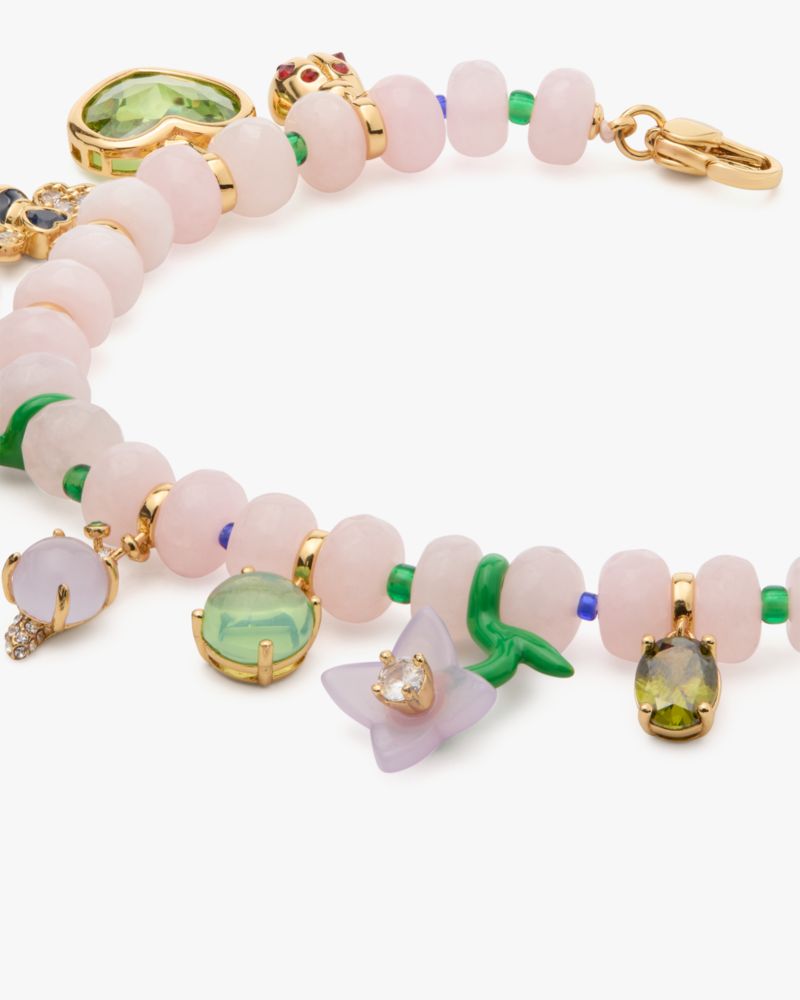 Kate Spade,Garden Friends Beaded Charm Bracelet,Enamel,Cubic Zirconia,Jade,Glass,Crystal,Gem Embellishment,Heart Embellish...,Multi Color