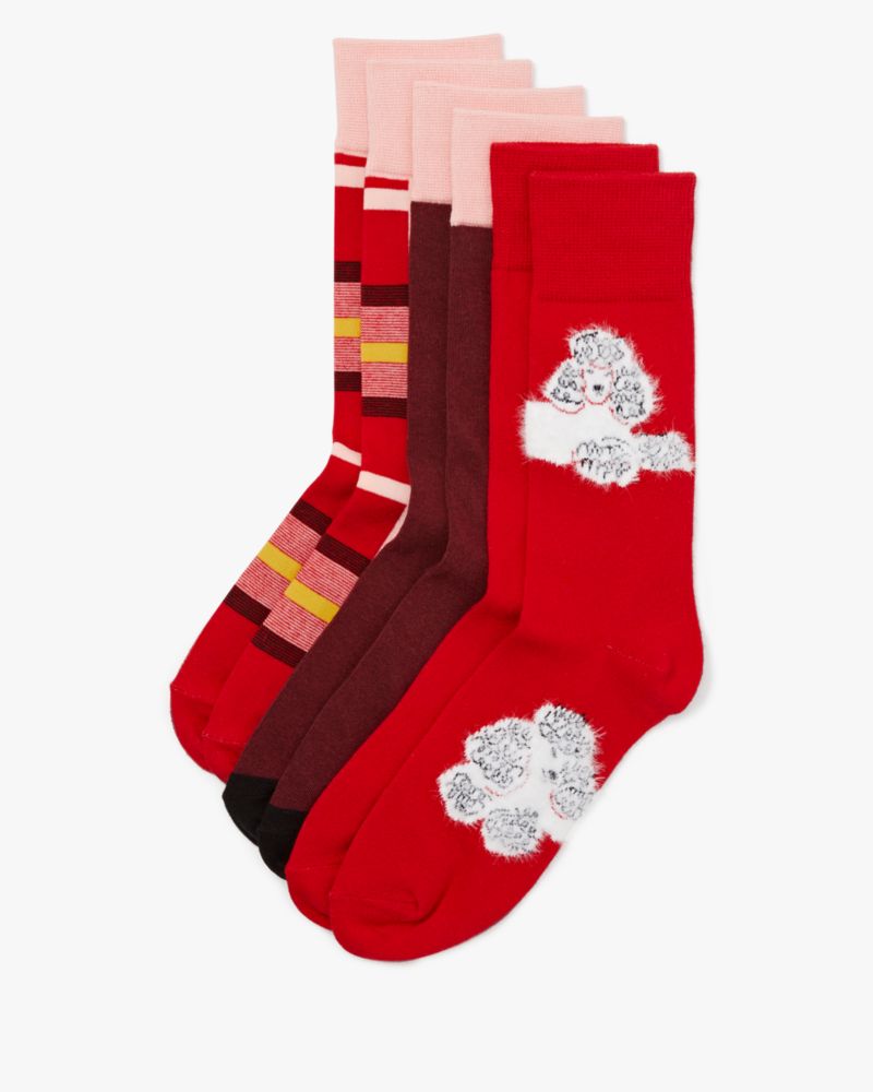 Kate Spade,Poodle 3 Pack Boxed Crew Socks,Red