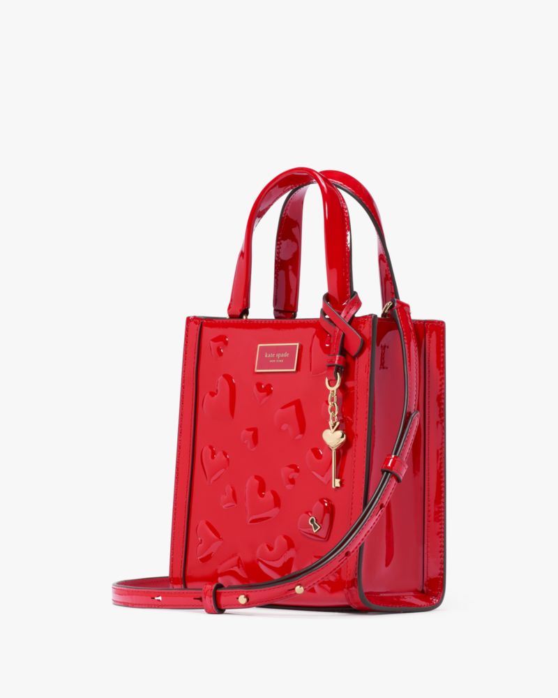 Kate Spade,Key To My Heart Manhattan Mini Tote,Leather,Crossbody,Tote,Logo,Metal,3D Embellishment,Word Embellishment,Embos...,Red