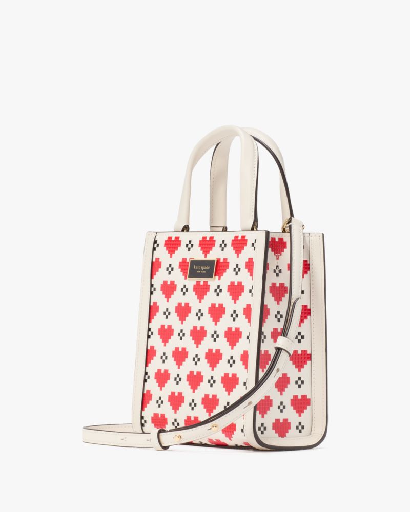 Kate Spade,Manhattan Pixel Hearts Mini Tote,Tote,Logo,Metal,Adjustable,Day Party,Cream