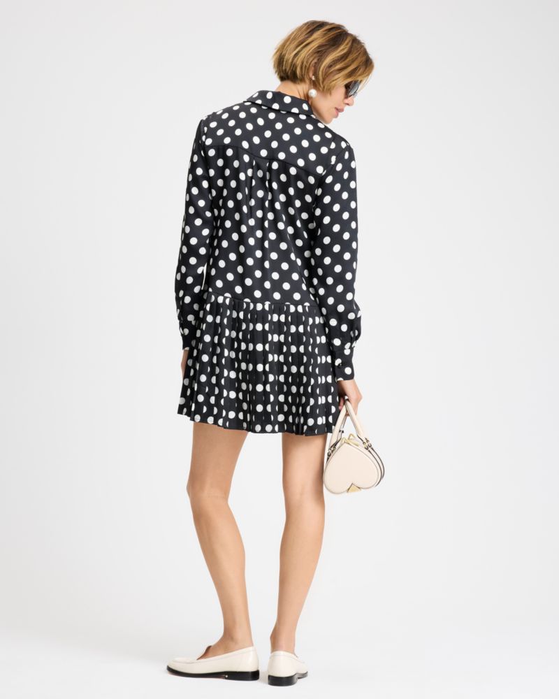 Kate Spade,Breezy Dot Pleated Dress,Polyester,Drop Waist,A-Line,Shirt Dress,Pleats,Day Party,Black