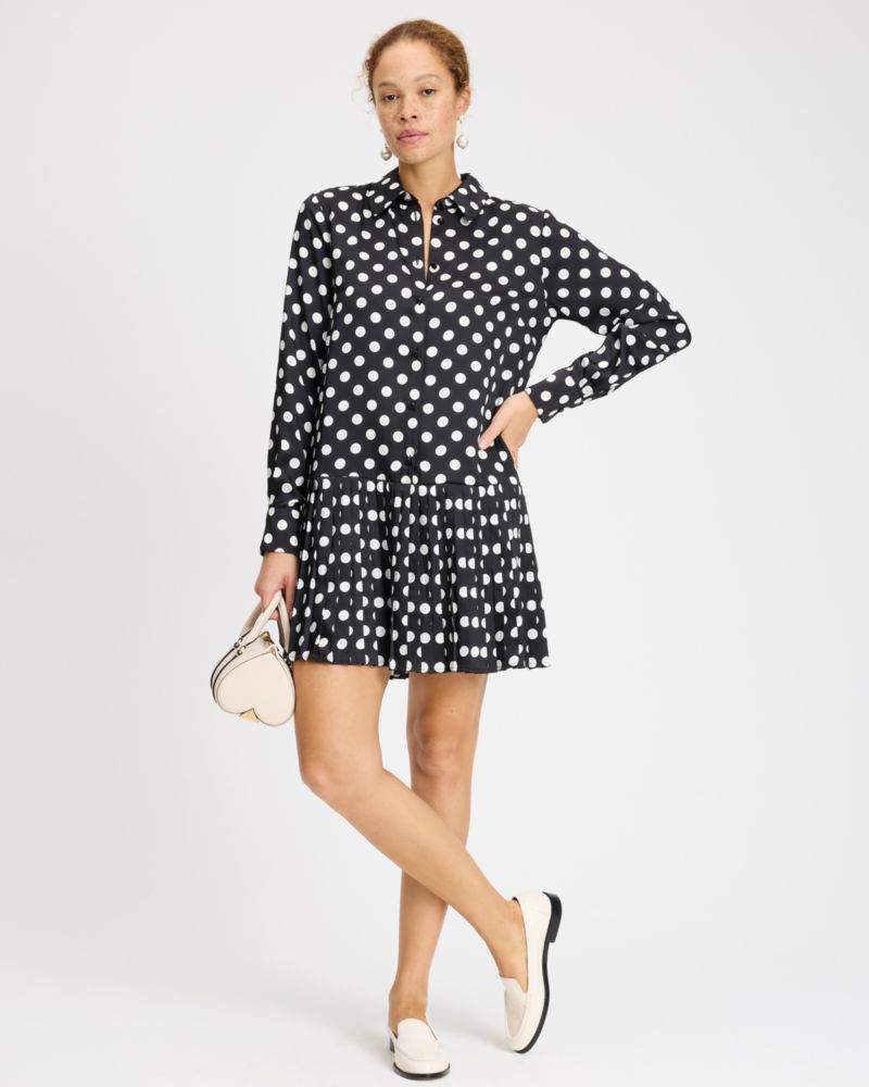 Kate Spade,Breezy Dot Pleated Dress,Polyester,Drop Waist,A-Line,Shirt Dress,Pleats,Day Party,Black