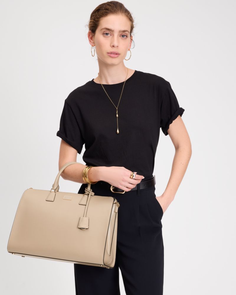 Kate Spade,Serena Laptop Bag,Leather,Briefcase,Logo,Metal,Adjustable,Work,Beige