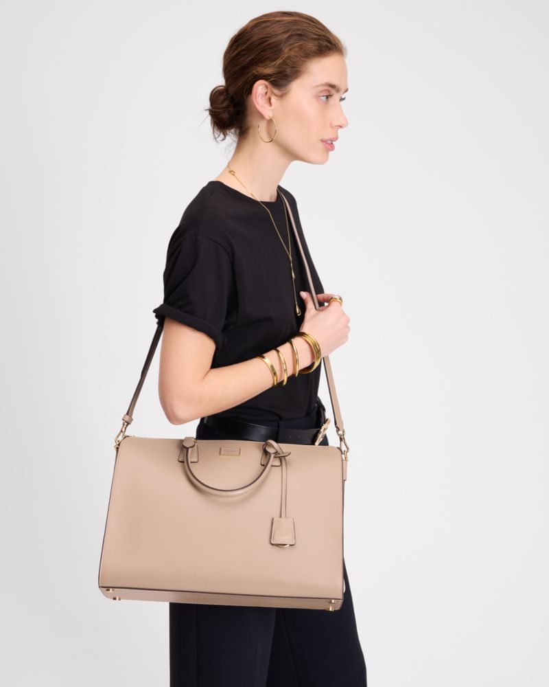 Kate Spade,Serena Laptop Bag,Leather,Briefcase,Logo,Metal,Adjustable,Work,Beige