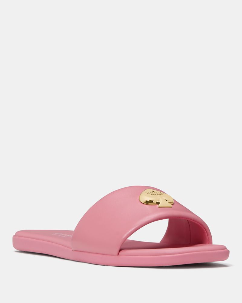 Kate Spade,Kendall Smooth Leather Slide Sandal,Rubber,Nappa Leather,Slides,Metal,Logo,Casual,Pink