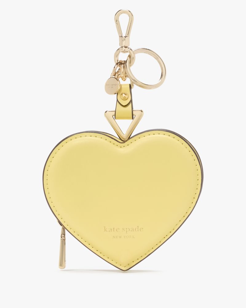 Kate Spade,Liv Heart Coin Purse,Leather,Coin,Metal,Word Embellishment,Logo,Key Ring,Casual,Beige