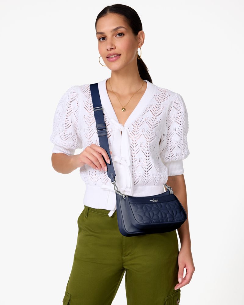 Kate Spade,Duet Quilted Fabric Small Crossbody,Nylon,Crossbody,Mixed Media,Quilted,Metal,Logo,Gold Plated,Casual,Navy