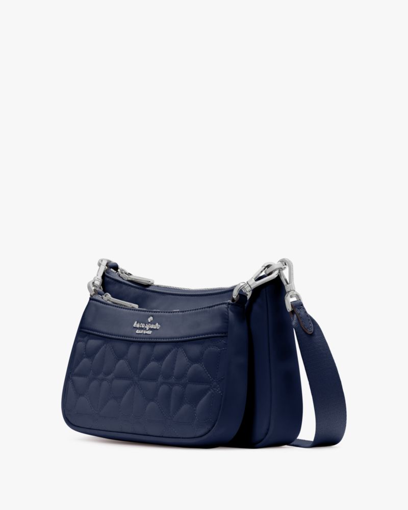 Kate Spade,Duet Quilted Fabric Small Crossbody,Nylon,Crossbody,Mixed Media,Quilted,Metal,Logo,Gold Plated,Casual,Navy