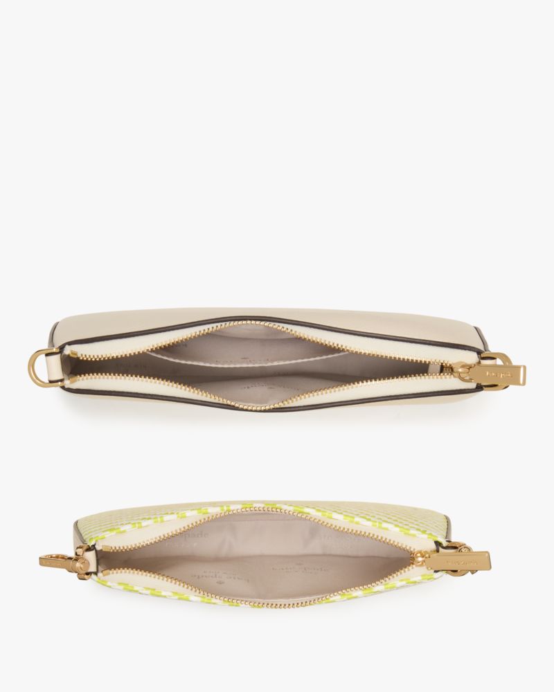 Kate Spade,Duet Straw Crossbody,Leather,Crossbody,Straw,Stripe,Mixed Media,Piping,Metal,Logo,Gold Metal,Casual,Day Party,Multi Color