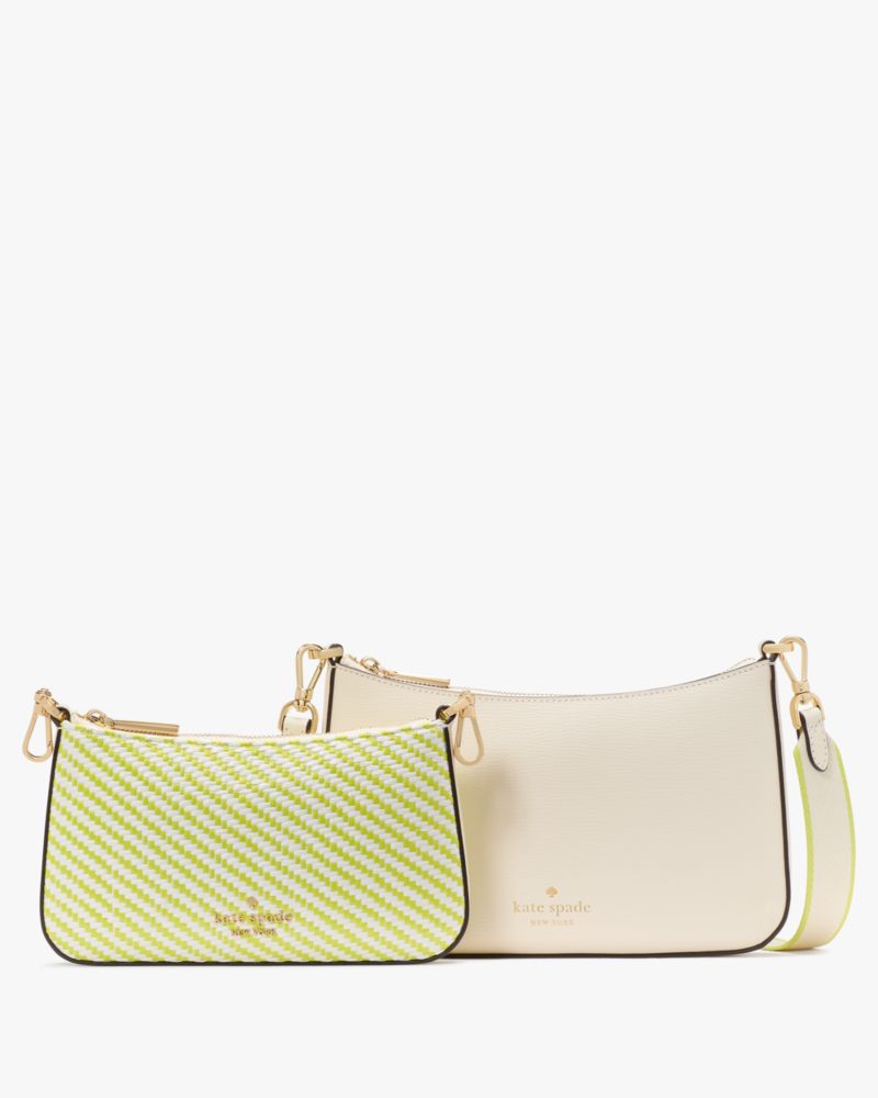 Kate Spade,Duet Straw Crossbody,Leather,Crossbody,Straw,Stripe,Mixed Media,Piping,Metal,Logo,Gold Metal,Casual,Day Party,Multi Color