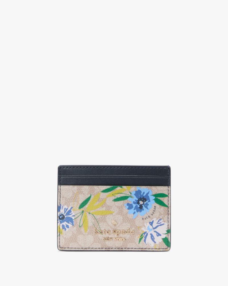 Kate Spade,Spade Flower Floral Small Slim Card Holder,Card Case,Plastic,Color Block,Logo,Metal,Casual,Beige