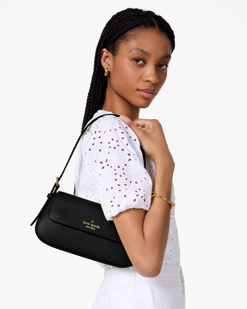 Kate Spade,Madison Saffiano Leather Small Flap Shoulder Bag,Leather,Shoulder Bag,Metal,Logo,Gold Metal,Casual,Black