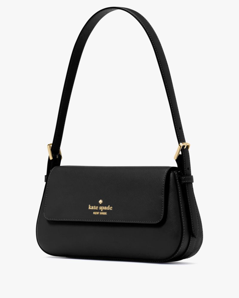 Kate Spade,Madison Saffiano Leather Small Flap Shoulder Bag,Leather,Shoulder Bag,Metal,Logo,Gold Metal,Casual,Black