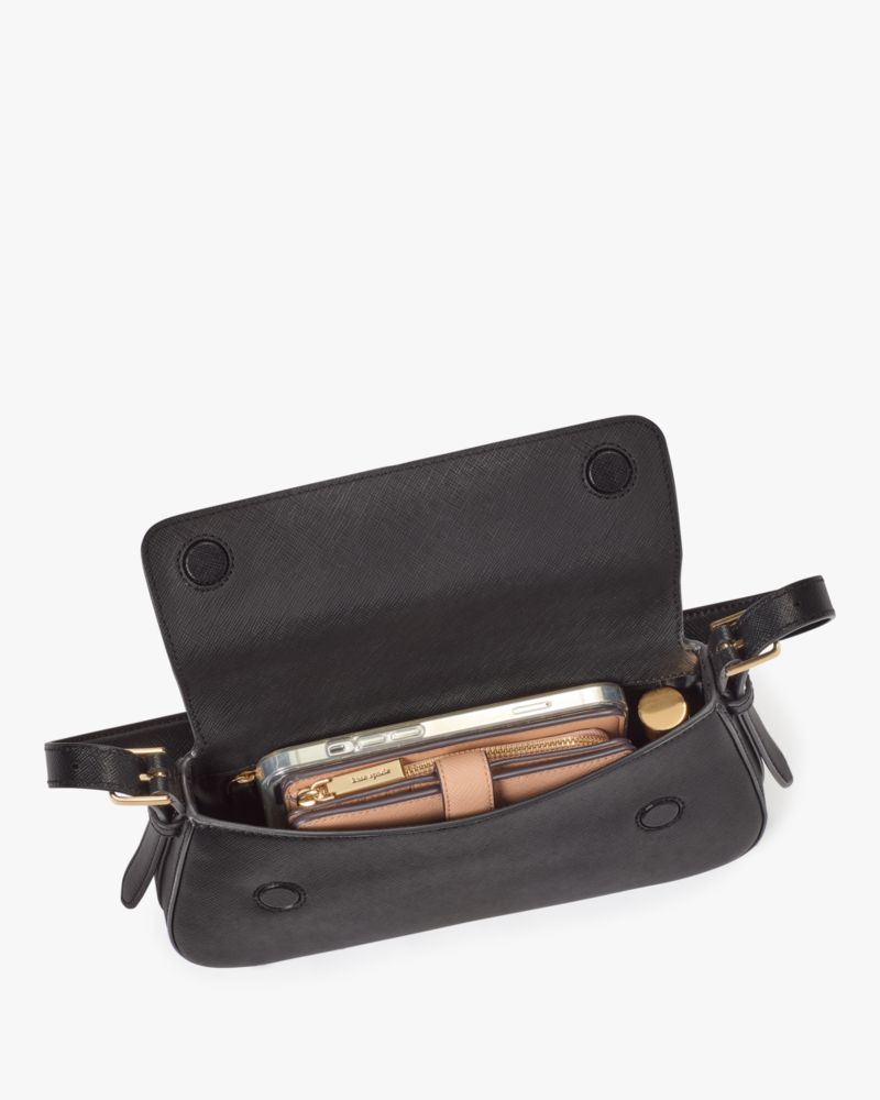 Kate Spade,Madison Saffiano Leather Small Flap Shoulder Bag,Leather,Shoulder Bag,Metal,Logo,Gold Metal,Casual,Black