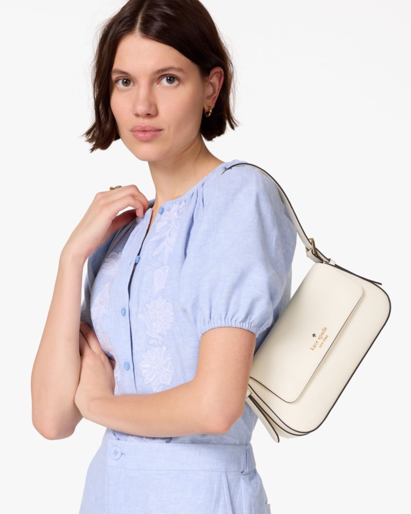 Kate Spade,Madison Saffiano Leather Small Flap Shoulder Bag,Leather,Shoulder Bag,Metal,Logo,Gold Metal,Casual,White