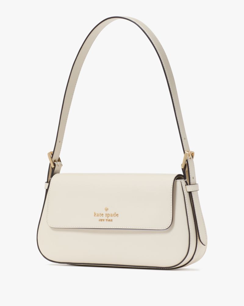 Kate Spade,Madison Saffiano Leather Small Flap Shoulder Bag,Leather,Shoulder Bag,Metal,Logo,Gold Metal,Casual,White