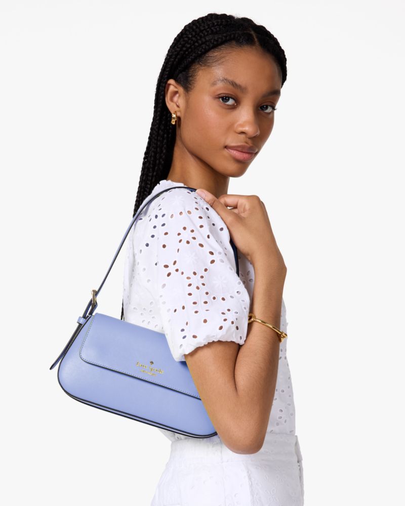 Kate Spade,Madison Saffiano Leather Small Flap Shoulder Bag,Leather,Shoulder Bag,Metal,Logo,Gold Metal,Casual,Blue