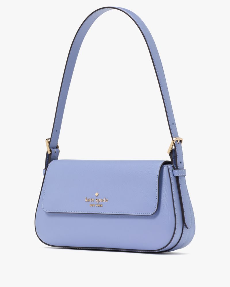 Kate Spade,Madison Saffiano Leather Small Flap Shoulder Bag,Leather,Shoulder Bag,Metal,Logo,Gold Metal,Casual,Blue