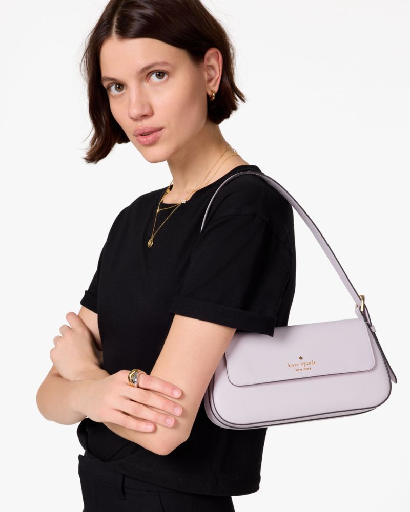 Kate Spade,Madison Saffiano Leather Small Flap Shoulder Bag,Leather,Shoulder Bag,Metal,Logo,Gold Metal,Casual,Lavender