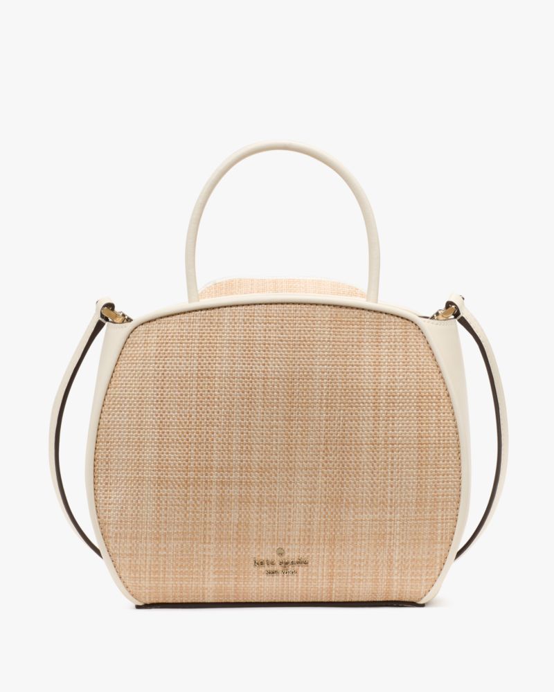Kate Spade,Flora Rose Straw Crossbody,Bucket,Straw,Applique,3D Embellishment,Embellished,Logo,Metal,Day Party,Beige