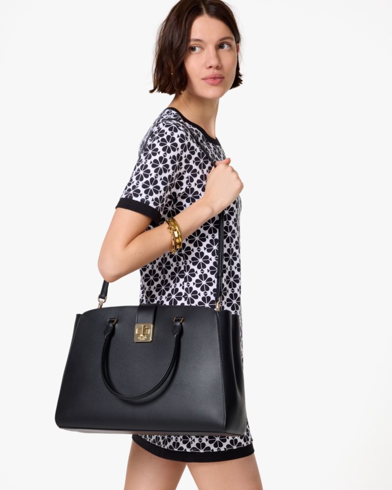 Kate Spade,Phoebe Commuter Tote,Leather,Tote,Gold Metal,Work,Black