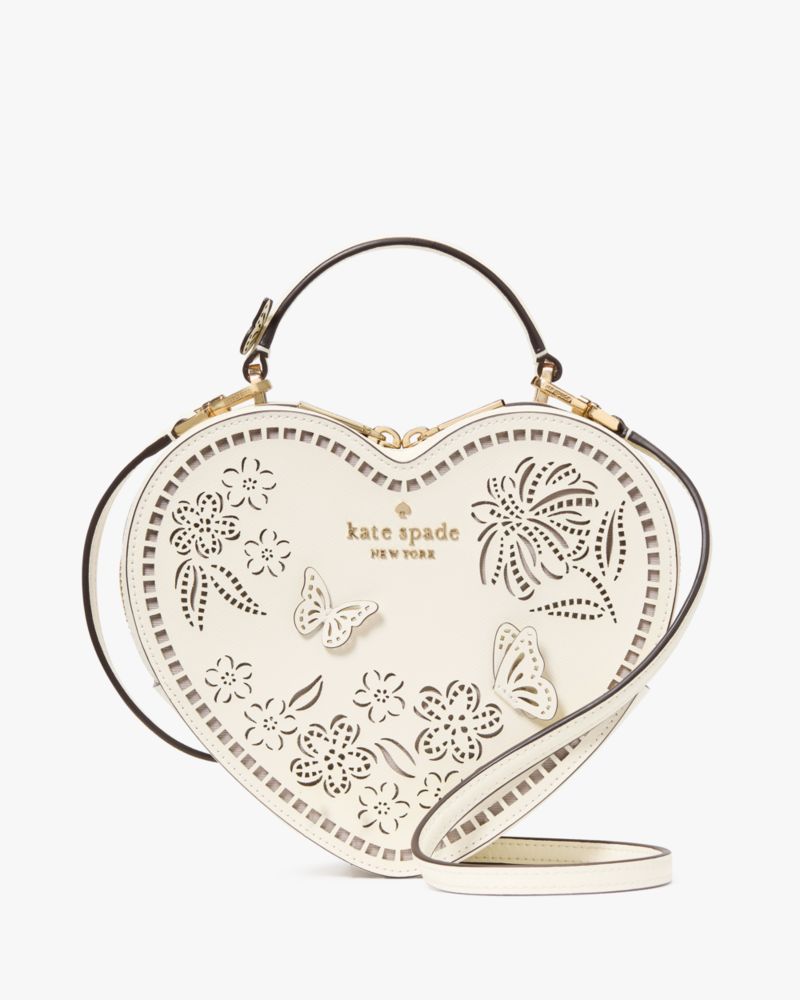 Kate Spade,Love Shack Perforated Heart Crossbody,Leather,Crossbody,Applique,3D Embellishment,Laser Cut,Logo,Metal,Gold Pla...,Cream