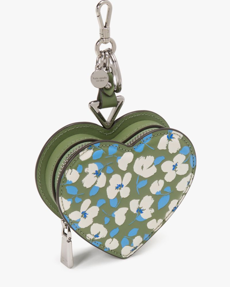 Kate Spade,Liv Heart Coin Purse,Leather,Coin,Metal Material,3D Embellishment,Metal,Word Embellishment,Logo,Key Ring,Silver...,Olive