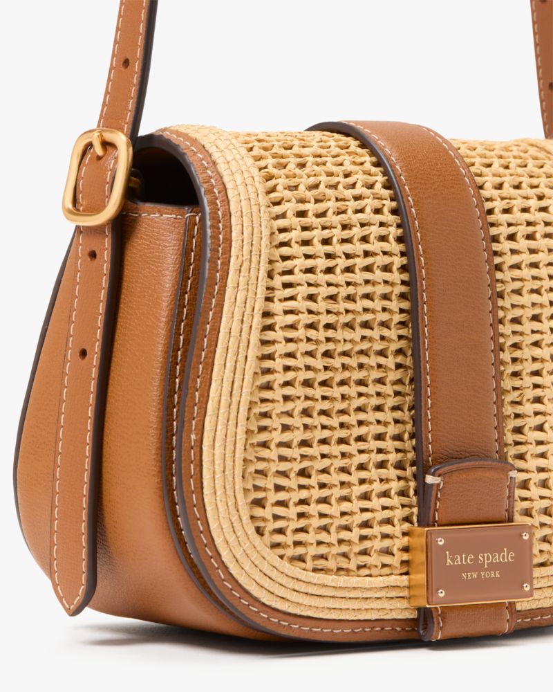 Kate Spade,Nouveau Straw Mini Saddle Bag,Saddle Bag,Straw,Logo,Metal,Color Block,Color Metal,Casual,Beige