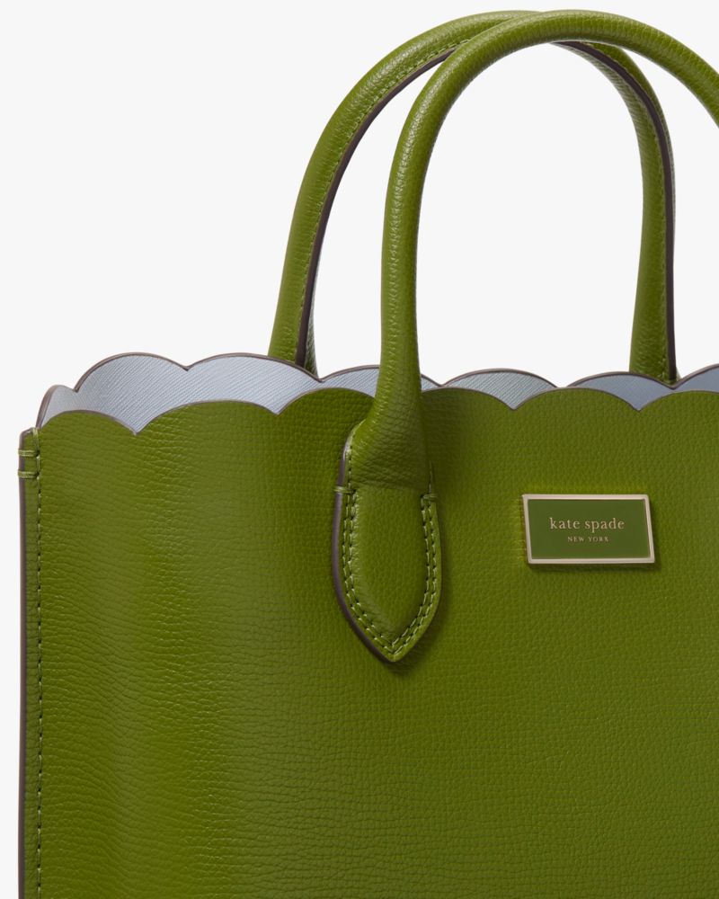 Kate Spade,Suite Scalloped Crossbody Tote,Leather,Tote,Faux Leather,Logo,Metal,Scallop,Adjustable,Gold Metal,Day Party,Olive