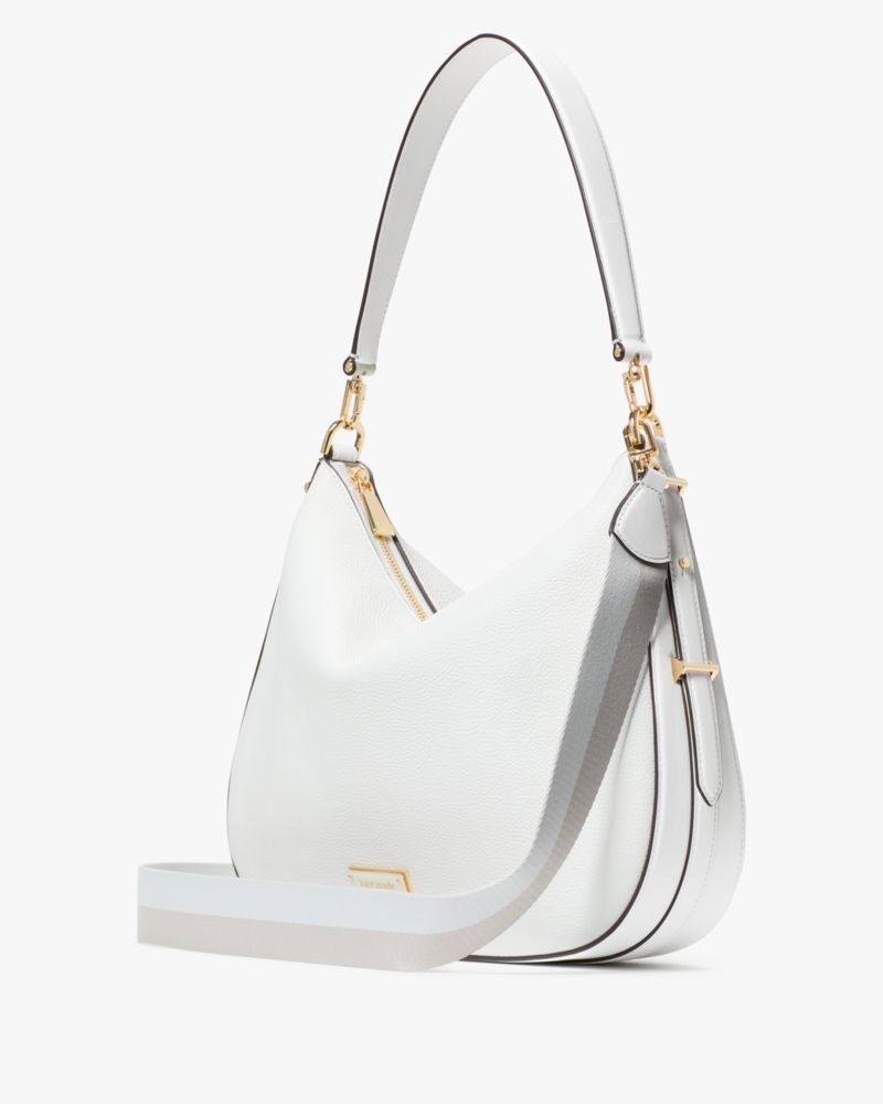 Kate Spade,Liv Large Hobo Bag,Leather,Hobo,Logo,Metal,Stripe,Casual,White