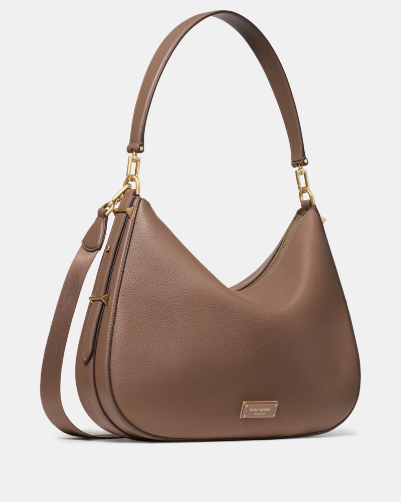 Kate Spade,Liv Large Hobo Bag,Leather,Hobo,Stripe,Metal,Logo,Casual,Brown
