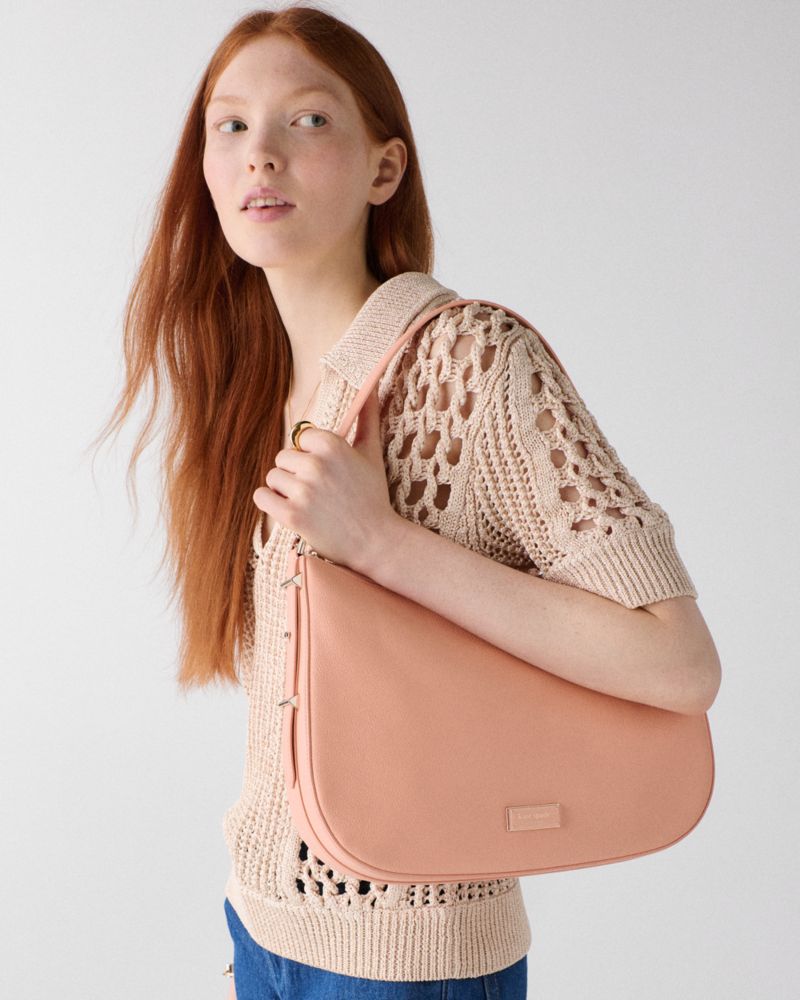 Kate Spade,Liv Large Shoulder Bag,Leather,Hobo,Stripe,Metal,Logo,Casual,Pink