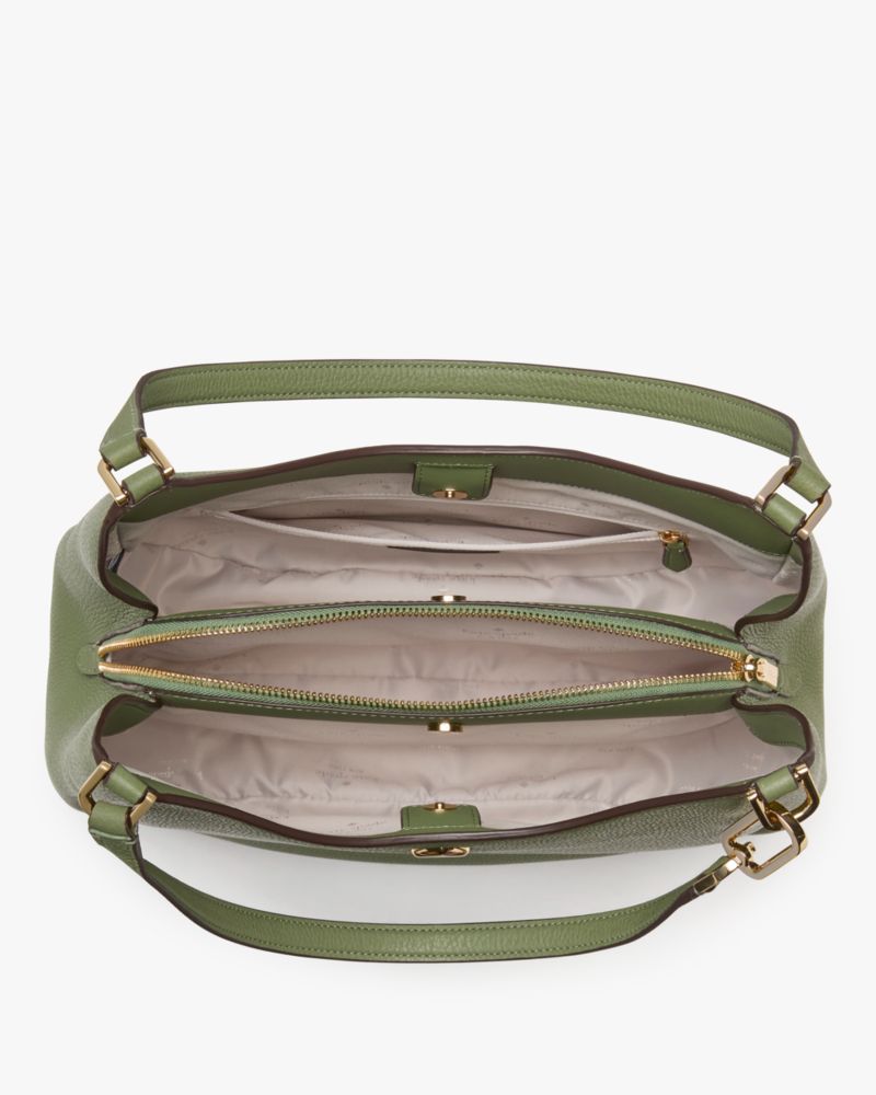 Kate Spade,Kayla Large Triple Compartment Shoulder Bag,Calfskin Leather,Leather,Shoulder Bag,Metal,Logo,Gold Metal,Casual,Olive