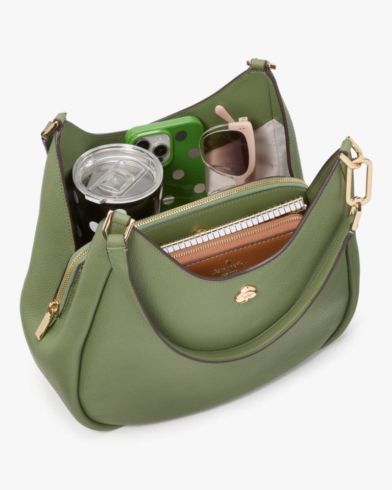 Kate Spade,Kayla Large Triple Compartment Shoulder Bag,Calfskin Leather,Leather,Shoulder Bag,Metal,Logo,Gold Metal,Casual,Olive