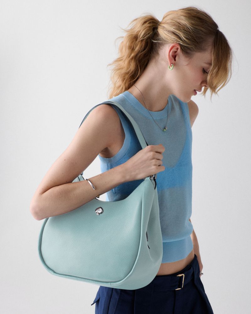 Kate Spade,Kayla Large Triple Compartment Shoulder Bag,Calfskin Leather,Leather,Shoulder Bag,Metal,Logo,Gold Metal,Casual,Blue