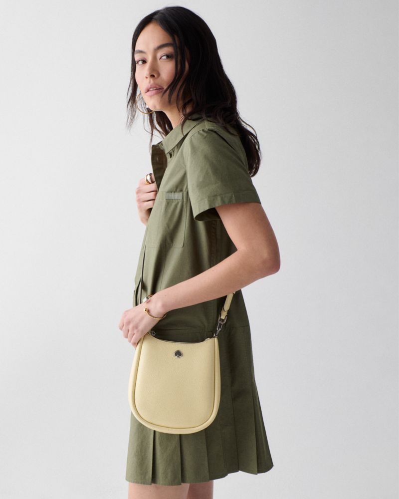 Kate Spade,Kayla Small Crossbody Bag,Leather,Crossbody,Logo,Metal,Compact,Silver Metal,Casual,Yellow