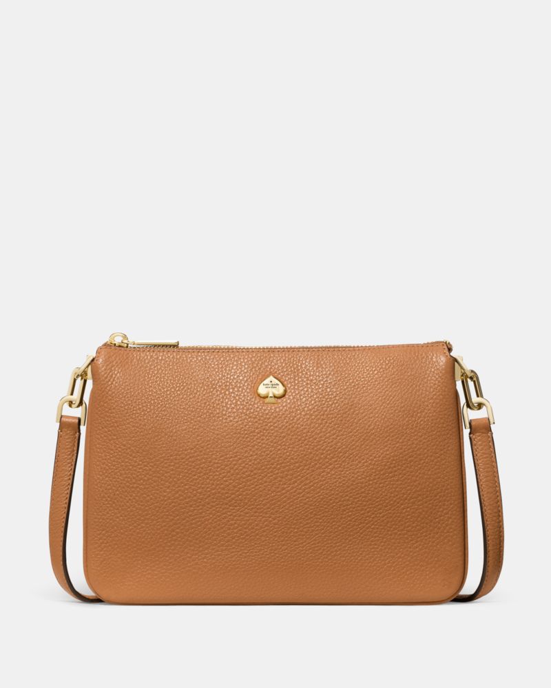 Kate Spade,Kayla Small Triple Compartment Crossbody,Calfskin Leather,Crossbody,Logo,Metal,Gold Metal,Casual,